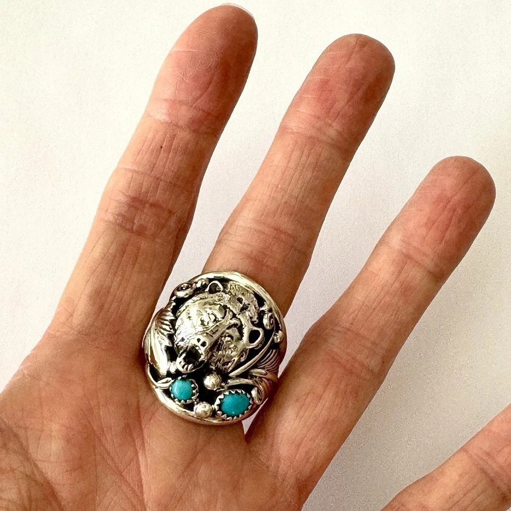 Bear Head Navajo Mens Ring‎ Kingman Turquoise Sz 13 Sterling Signed Sanders